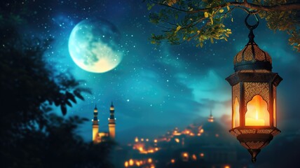 Moonlit night with an illuminated lantern hanging from a tree