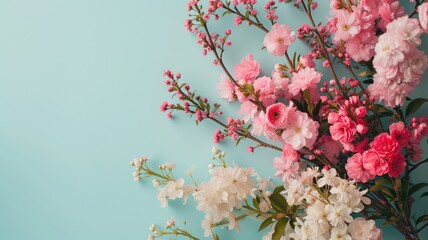 Pink and white flowers on a light blue background