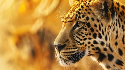 Profile of a leopard with a golden autumn backdrop