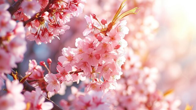 Vibrant cherry blossoms with a bright and warm background