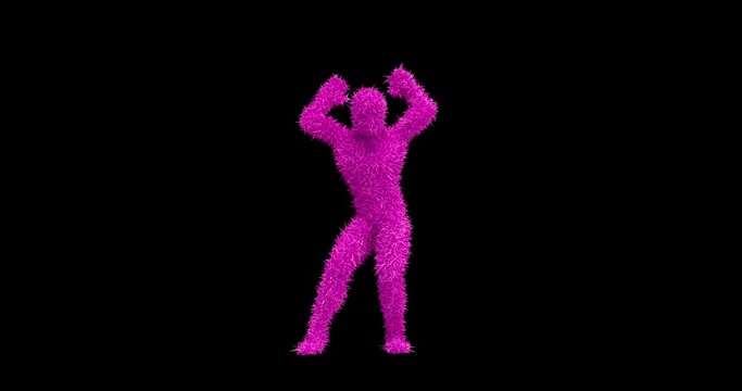 Pink 3D Hairy Fur Character Dancing On Empty Stage. Loopable With Luma Channel. Dance And Entertainment Related 3D Abstract Animation.