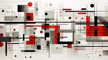 Tapeten A white and gray abstract graphic with red and grey squares, comic book-style graphics, animated mosaics, bold lines and shapes, graffiti-influenced, de stijl, multi-layered figures © Facundo
