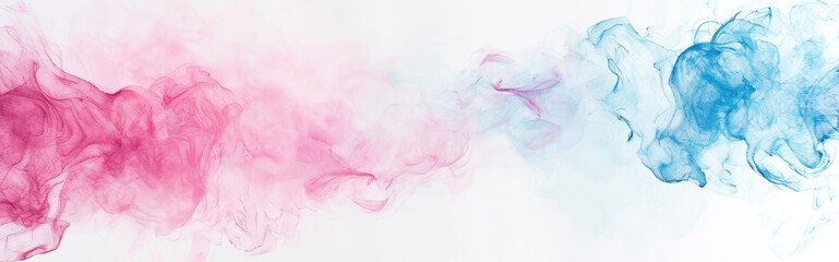 Fototapeta premium Watercolor abstract background on white canvas with dynamic mix of bright pink and light blue colors, banner, panorama