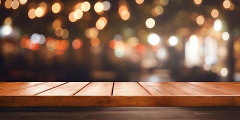 Wooden table with bokeh for food background, template for product display.
