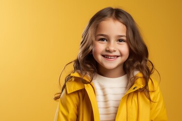 Portrait of a smiling little girl in a yellow jacket on a yellow background