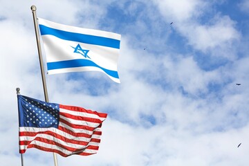 American flag and Israel flag waving in blue sky