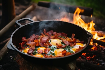 Camping breakfast on fire with bacon and eggs in a cast iron skillet. Fried eggs with bacon in a pan in the forest. Food for camping. generative ai