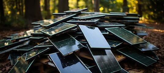 Stack of broken solar panels at the end of their life cycle   renewable energy hardware