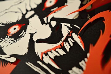 A close-up of a vampire face with sharp fangs and blood red eyes Halloween art design vampire fangs