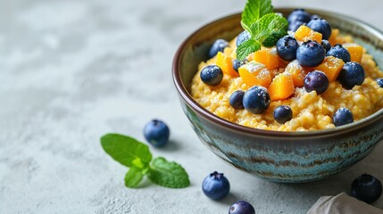 Tasty millet porridge with blueberries, pumpkin and mint in bowl on light grey table, closeup