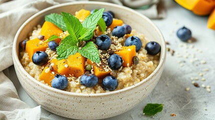 Tasty millet porridge with blueberries, pumpkin and mint in bowl on light grey table, closeup - obrazy, fototapety, plakaty