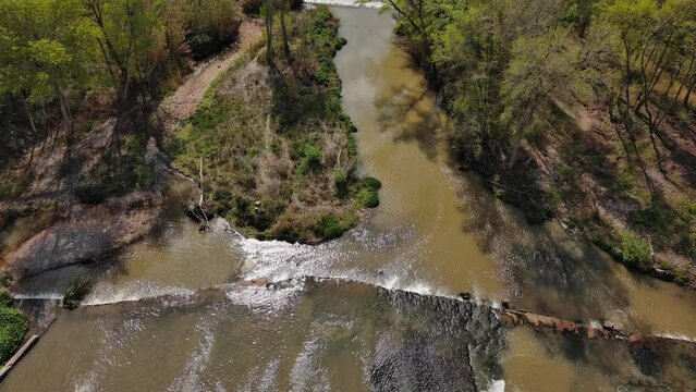 Aerial view of water flowing through Llobregat river in Olesa de Montserrat