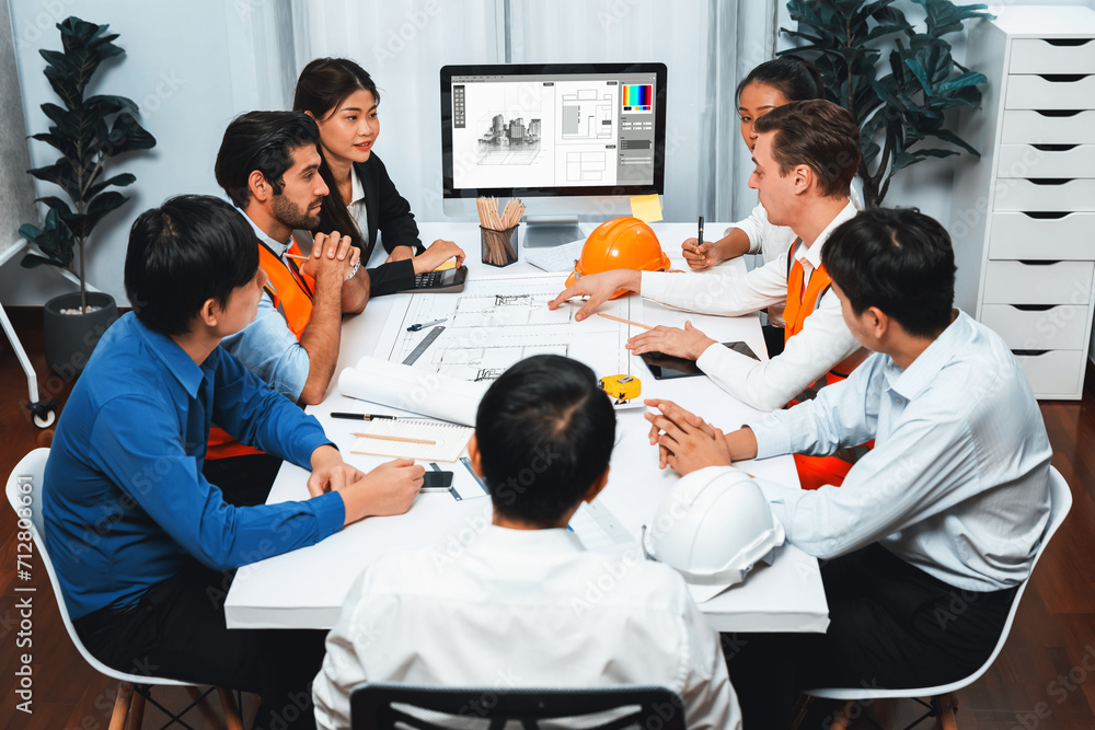 Aufkleber diverse group of civil engineer and client working together on architectural project, reviewing cons