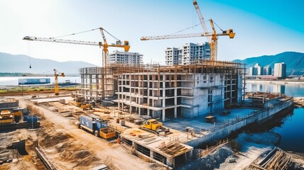 Progressive construction of a massive factory with a towering crane amidst a picturesque blue sky