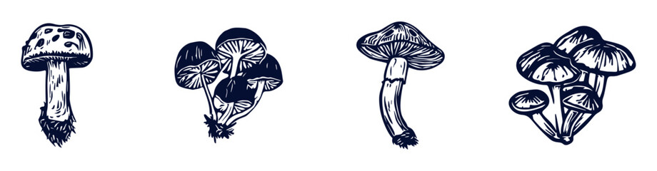 Handmade blockprint mushroom vector motif clipart set in folkart scandi style. Simple monochrome linocut fungi shapes with naive rural lineart collection. 