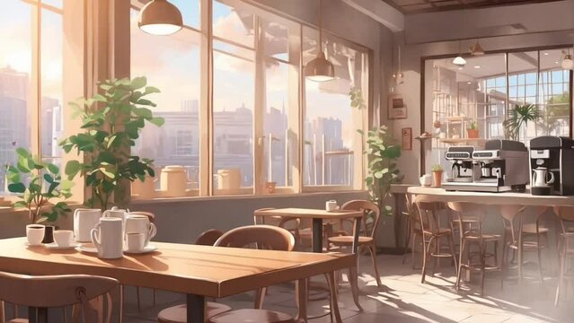 Cafe morning vibes animated background with anime ilustration style. seamless looping time-lapse 4k animation background
