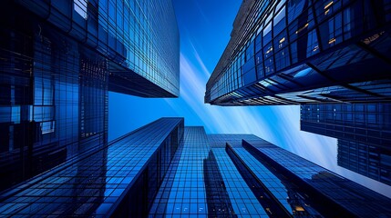 street is full of skyscrapers, optical art, dark blue, black and azure, blue skies, computer aided design, dynamic outdoor shots. generative AI