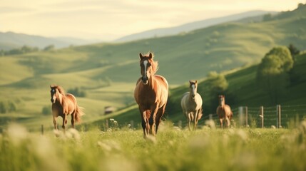 A picturesque landscape of rolling hills and lush grass, dotted with powerful equines galloping with unbridled energy on the peaceful horse farm.