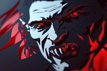 A close-up of a vampire face with sharp fangs and blood red eyes Halloween art design vampire fangs