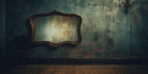 In the room, an old mirror is hung on the wall. - obrazy, fototapety, plakaty