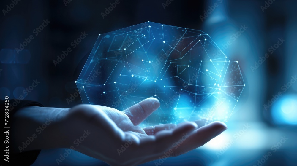 Poster the outline of a hand overlaps with a pie chart made of translucent blue polygons, representing the 
