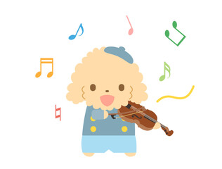 バイオリンを弾くわんちゃんのイラスト　音符ありバージョン