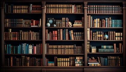 A vibrant collection of bookshelves displaying the shelf of intellectual knowledge - obrazy, fototapety, plakaty