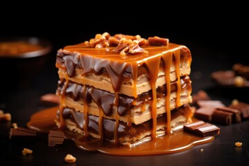 A decadent fusion of smooth peanut er and velvety caramel, creating a beautifully layered masterpiece, with an extra drizzle of salted caramel on top for an irresistible finish. - obrazy, fototapety, plakaty