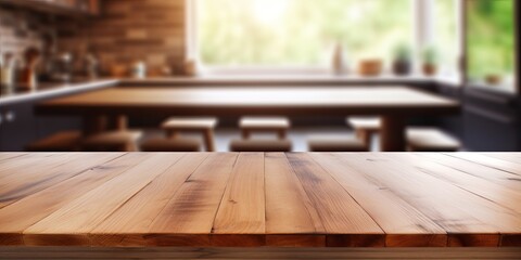 Wooden table with blurred kitchen bench background