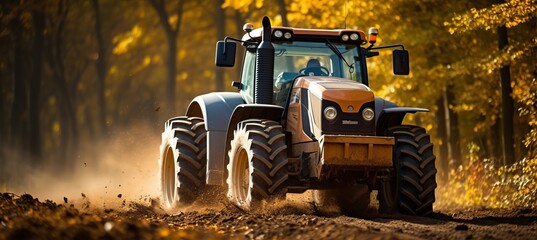 Rural landscape  farmer operating tractor in a beautiful autumn field