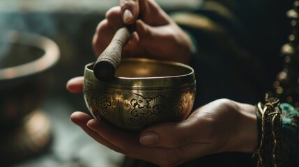 Fototapeta na wymiar A closeup of a hand striking a Tibetan singing bowl, releasing soothing vibrations.