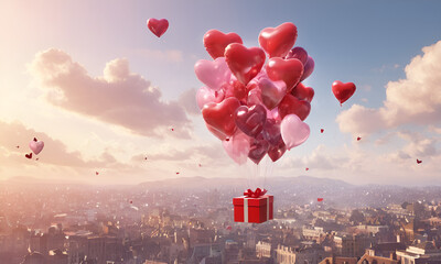 3D rendering for Valentine's Day, featuring clear and vibrant heart-shaped balloons with flying gift boxes, creating a visually appealing love concept