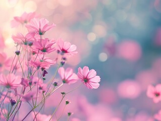 Pink Cosmos Flowers Dancing in the Dreamlike Glow of Sunset
