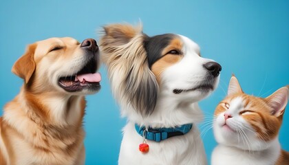 Obraz premium Banner pets. Dog and cat smiling dogs with happy expression. And closed eyes. Isolated on blue colored background on summer or spring season