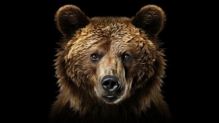 Fototapeta premium Majestic brown bear portrait isolated on black background, ideal for education and campaigns.