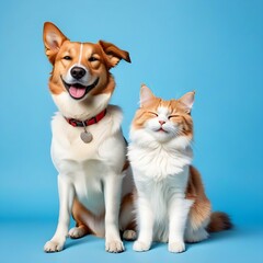 Banner pets. Dog and cat smiling dogs with happy expression. And closed eyes. Isolated on blue colored background on summer or spring season