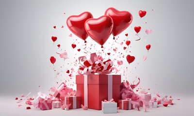 3D rendering for Valentine's Day, featuring clear and vibrant heart-shaped balloons with flying gift boxes, creating a visually appealing love concept