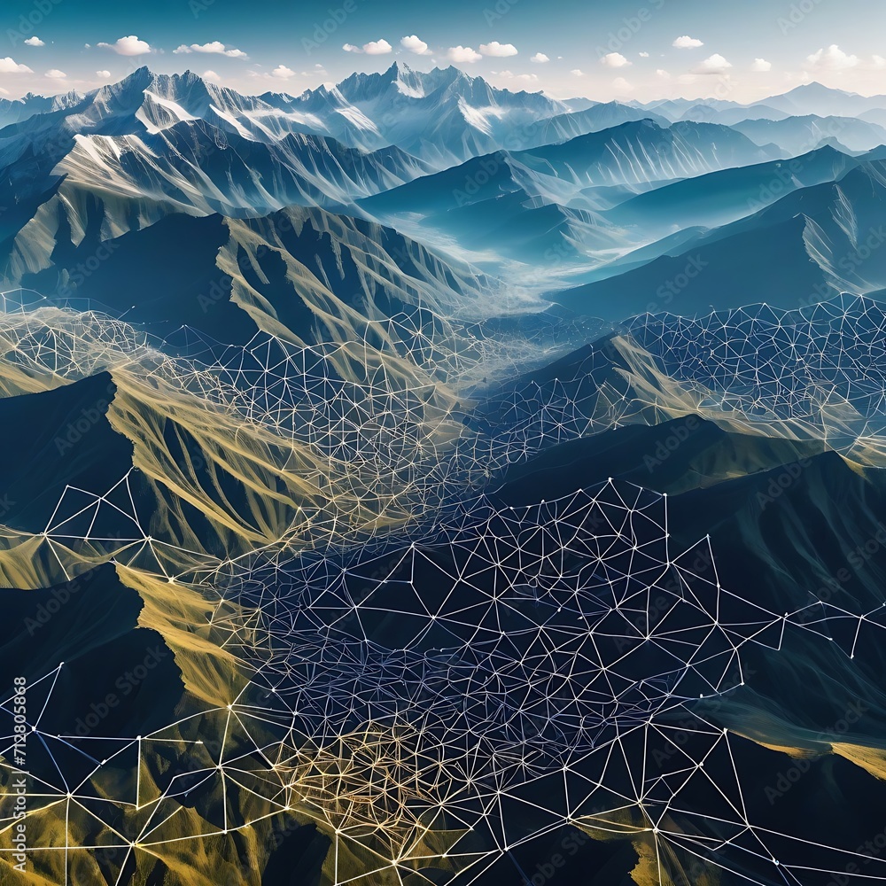 Poster from above view intricate mountain landscape background in geometrical shapes and wireframe conectio