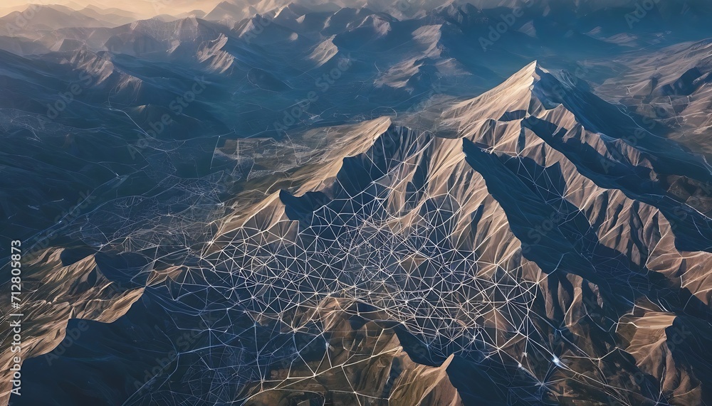 Poster from above view intricate mountain landscape background in geometrical shapes and wireframe conectio