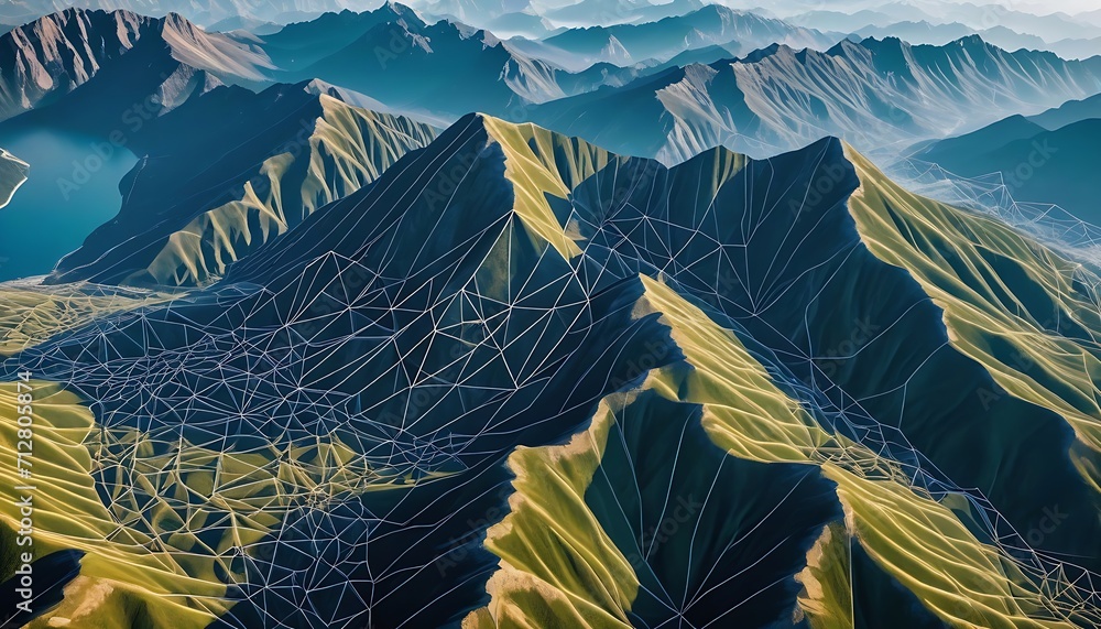 Poster from above view intricate mountain landscape background in geometrical shapes and wireframe conectio