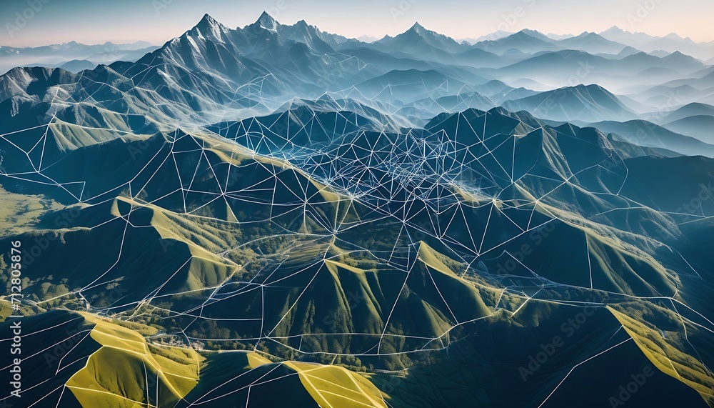 Poster from above view intricate mountain landscape background in geometrical shapes and wireframe conectio