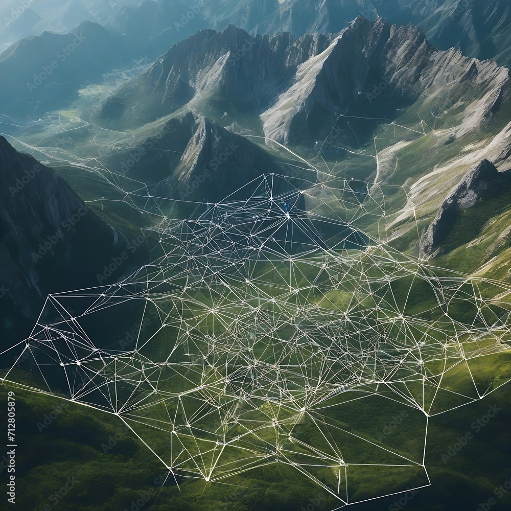 Aufkleber from above view intricate mountain landscape background in geometrical shapes and wireframe conectio