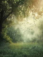 Ethereal Morning: Birds Taking Flight in a Mystical, Fog-Laden Forest Clearing
