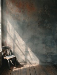 Vintage Chair in Grunge Room with Dramatic Sunlight and Shadows
