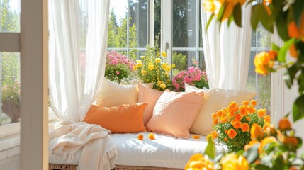 Sunlit Serenity: A Home's Green Corner Cozy window seat with patterned cushions, vibrant throw pillows, surrounded by lush greenery, sunlit room, sheer curtains, blooming flowers, tranquil home
