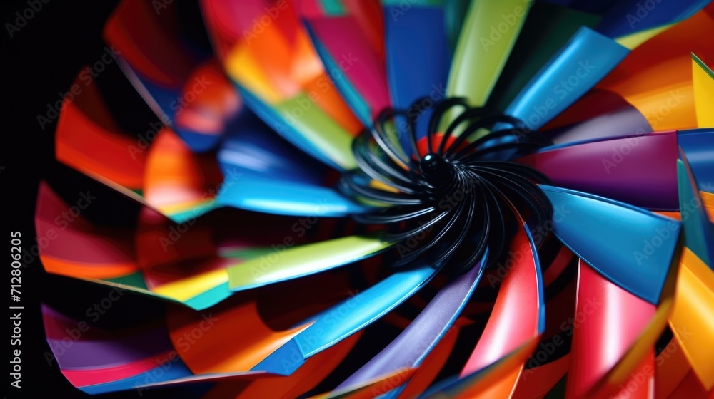 Poster a detailed macro shot of a spinning pinwheel, its colored stripes blending together in a mesmerizing