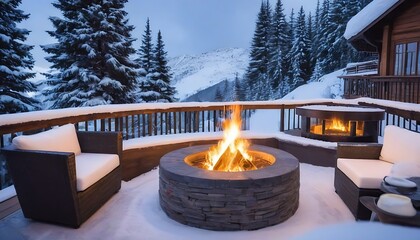 Outdoor fireplace fire pit in a snowy setting on a restaurant terrace in the mountains in a ski resort. Winter holiday and travel concept.
