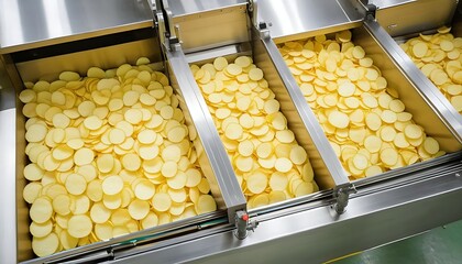 Potato chips production line at food industrial plant. Filling machines for snacks, top view