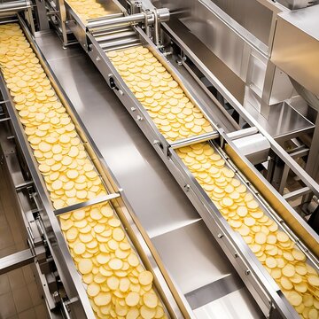 Potato chips production line at food industrial plant. Filling machines for snacks, top view