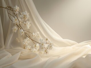 Fototapeta premium Elegant White Blossoms on Silky Fabric: A Serene and Pure Floral Arrangement 